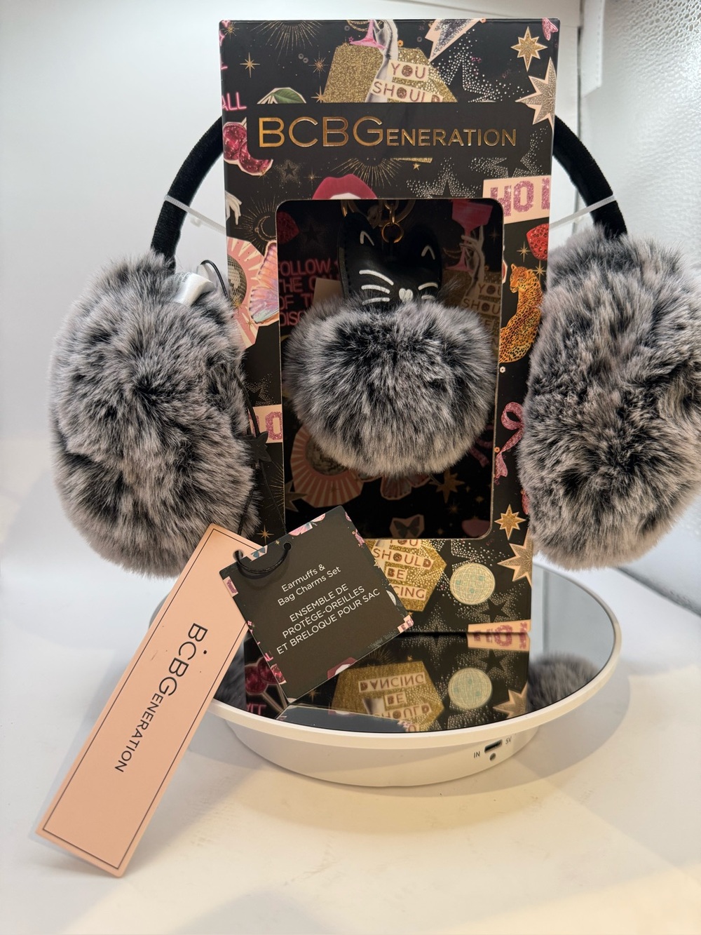 BCBG Gray Faux-Fur On-Ear Headphones with Pom Pom Bag Charm